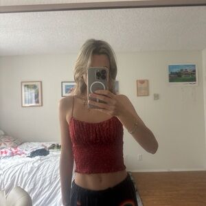 Urban Outfitters Red Smocked Cami Tank Top